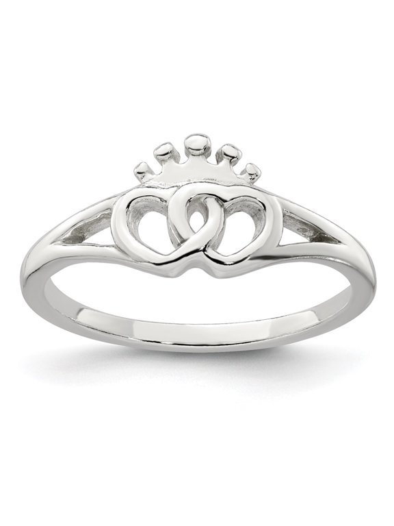 Sterling Silver Polished Interlocking Hearts With Crown Ring