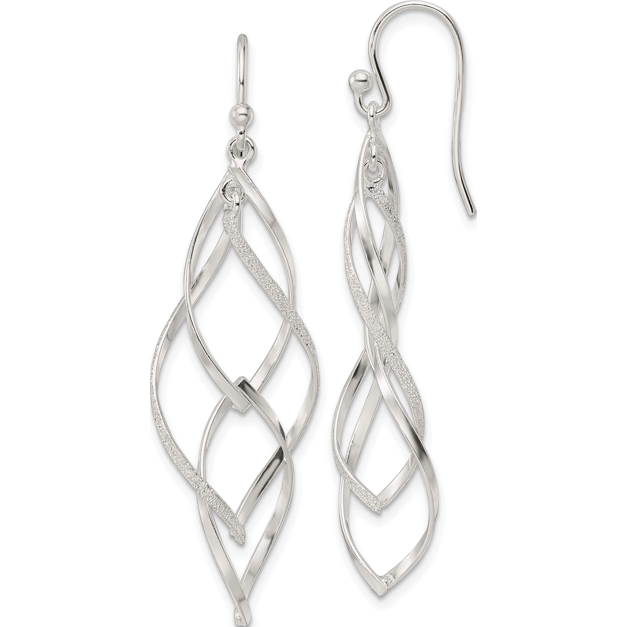 Sterling Silver Polished and Laser Twisted Dangle Hook Earrings