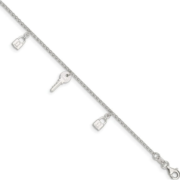Sterling Silver Polished Lock And Key 9In Plus 1In Ext. Anklet Made In India qg2147-10