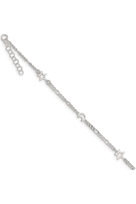 Sterling Silver Moon and Star 9 inch Plus 1 inch Extender - Total 10 inch Anklet