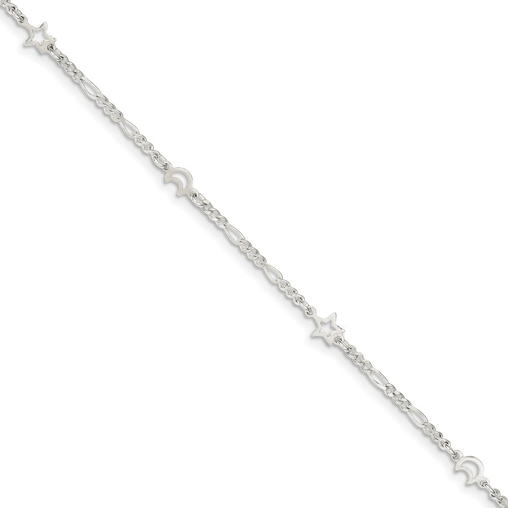 Sterling Silver Polished Moon and Star With 1inch Ext. Anklet - 9 Inch - Measures 6mm Wide