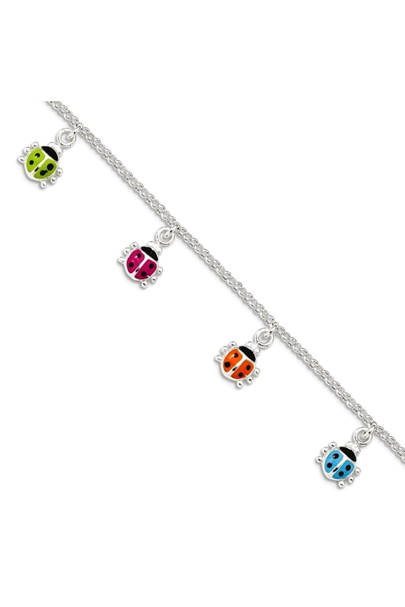 925 Sterling Silver Dangle Polished Lobster Claw Closure Silver Enamel Ladybug Bracelet 6 Inch 8mm Wide Link Bracelet
