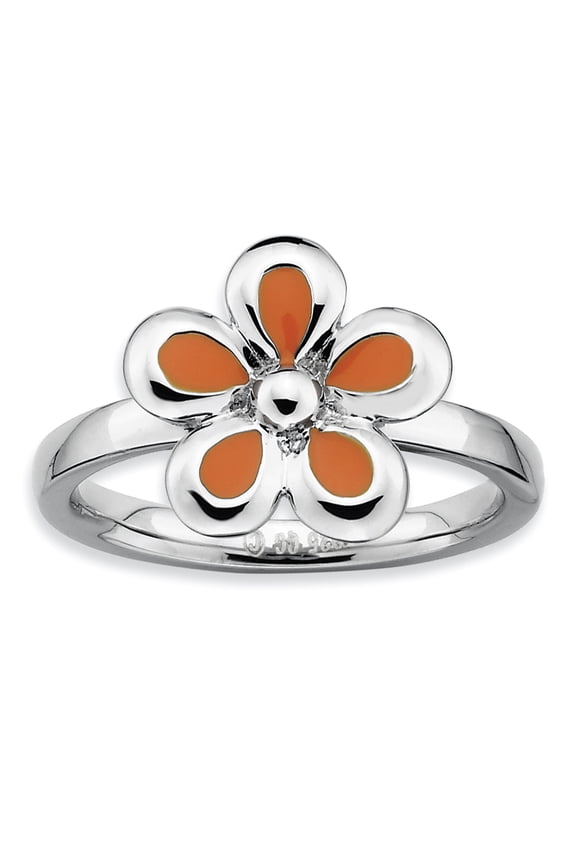 Sterling Silver Polished Orange Enameled Flower Ring