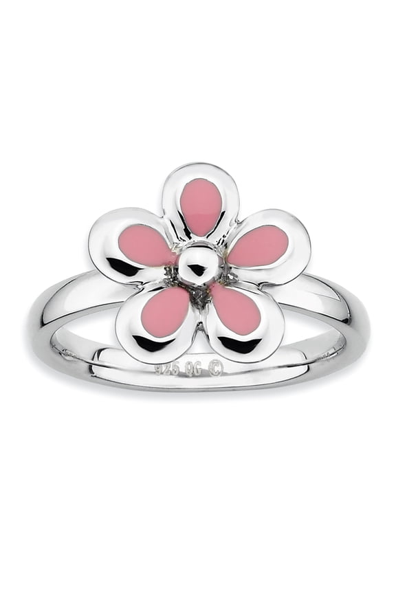 Sterling Silver Polished Pink Enameled Flower Ring