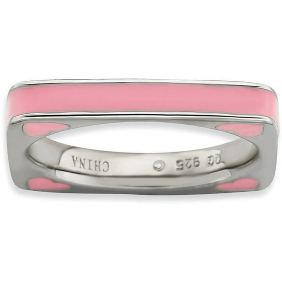 Sterling Silver Polished Pink Enameled Square Ring