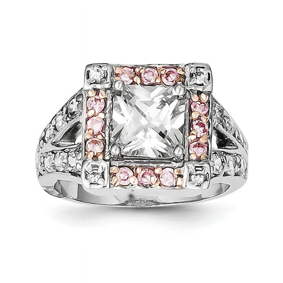 Sterling Silver w/ Rose-tone Vermeil Polished Square Pink & Clear CZ Ring QR2042