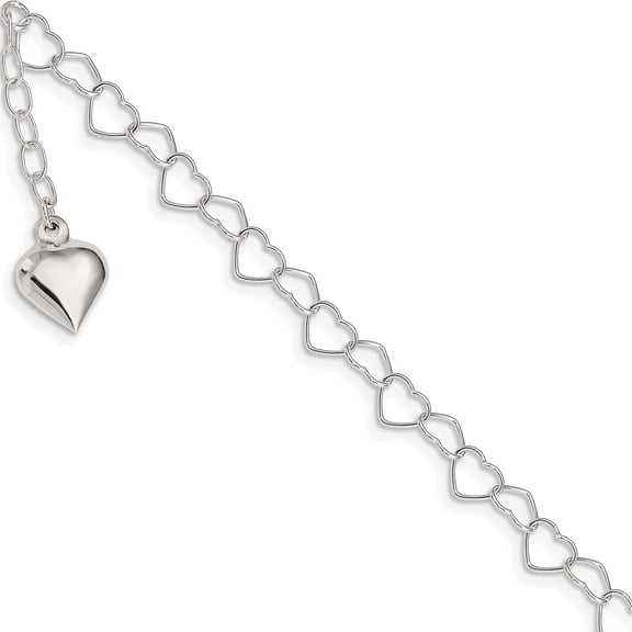 Jewelry by Sweet Pea Sterling Silver Puffed Heart Dangle 9 inch Plus 1 inch Extender - Total 10 inch Anklet