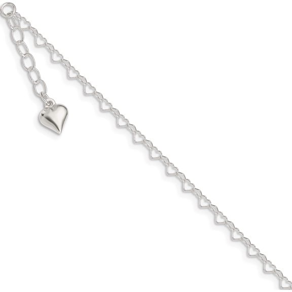 Sterling Silver Polished Puffed Heart 9In Plus 1In Ext. Anklet Made In India qg2793-9