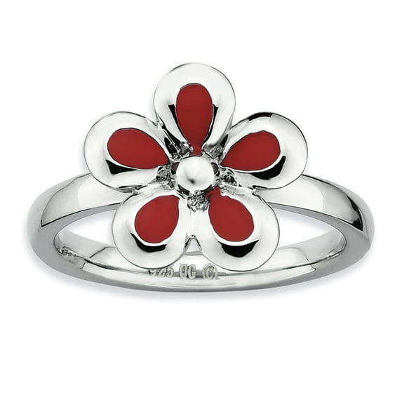 Sterling Silver Polished Red Enameled Flower Ring
