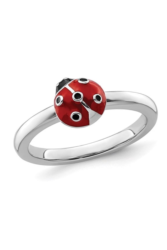 Gem & Harmony Sterling Silver Polished Red Enameled Ladybug Ring for Women