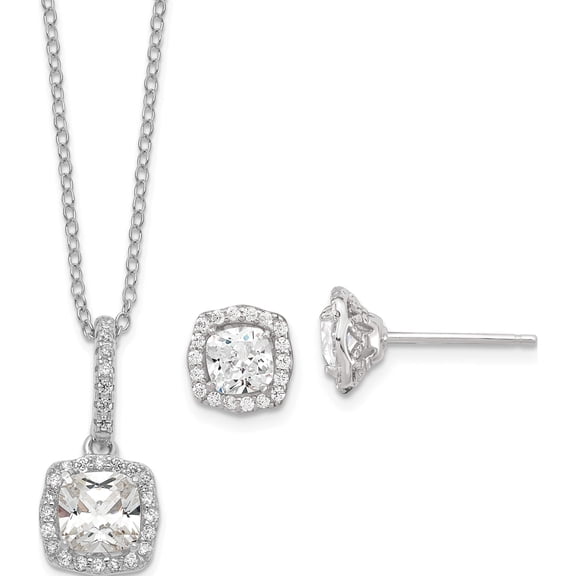 Sterling Silver Polished Rhodium-Plated Cz 18In Necklace/Post Earrings Set Made In China qg6195set