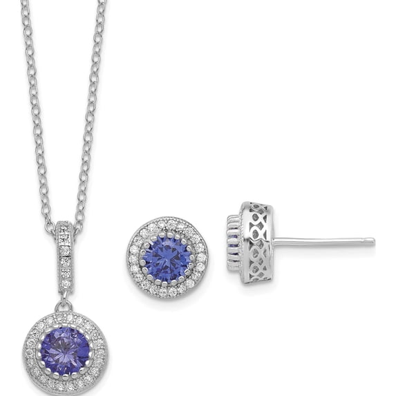 Sterling Silver Polished Rhodium-Plated Cz 18In Necklace/Post Earrings Set Made In China qg6198set