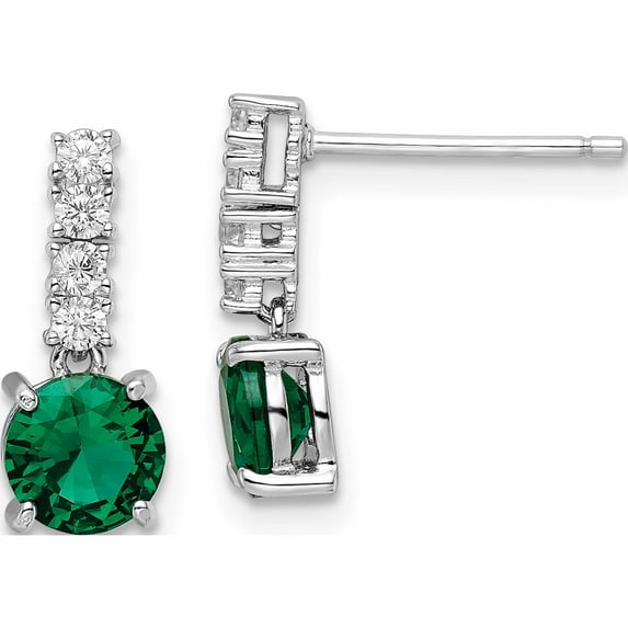 Sterling Silver Polished Rhodium-Plated Green/Clear Cz Post Dangle Earrings (14 X 6) Made In China qe15760