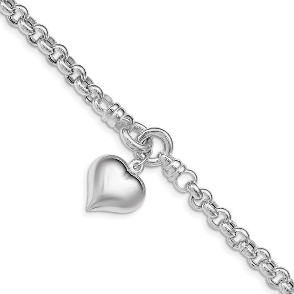 Sterling Silver Polished Rolo With Dangle Heart Charm Bracelet (8 X 10.6) Made In Italy qg4952-8