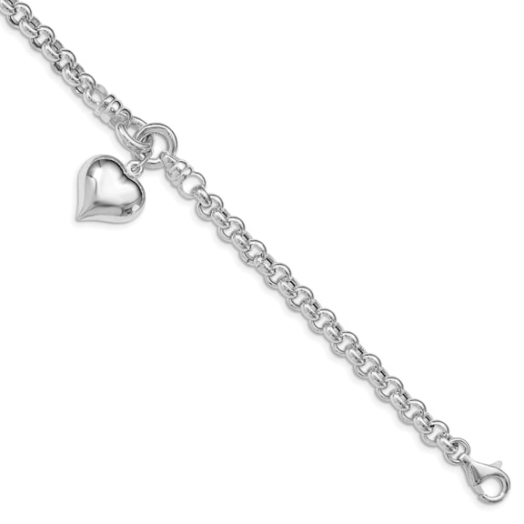 Sterling Silver Polished Rolo with Dangle Heart Charm Bracelet