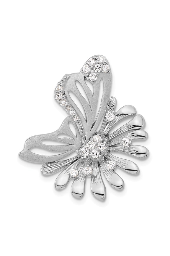 Sterling Silver Polished & Satin CZ Flower Butterfly Slide