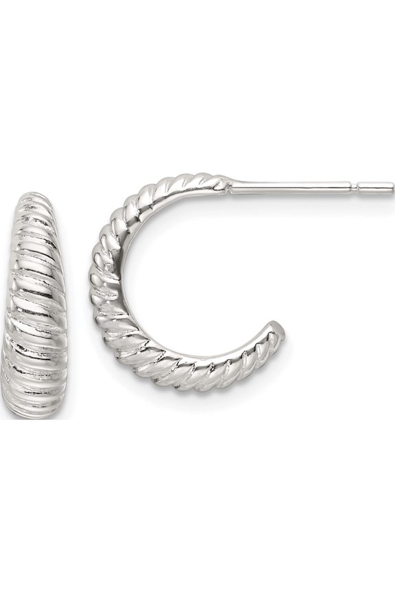 Sterling Silver Polished Scalloped J-Hoop Post Earrings (Width 10.75) (Length 13.75) - Jbsp