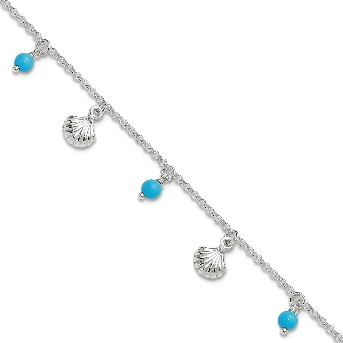 925 Sterling Silver Spring-Ring Polished Shell and Simulated Turquoise With 1inch Ext. Anklet 9 Inch 7mm Wide Anklet for