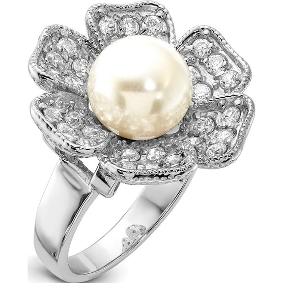 Sterling Silver Polished Simulated Pearl & Cz Flower Ring (Size 8) Made In China qr2157-8