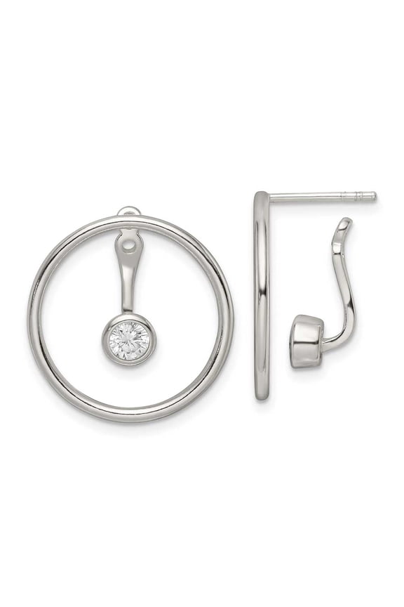 Finest Gold Sterling Silver Polished Slide On Dangle CZ Circle Earrings