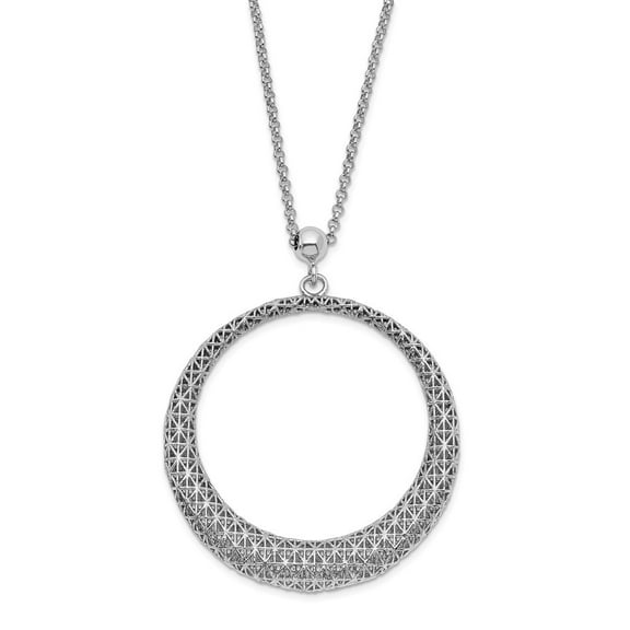 Sterling Silver Polished Sparkle-Cut Circle Pendant Necklace 2inch Ext - 19.5 Inch - Measures 41mm Wide