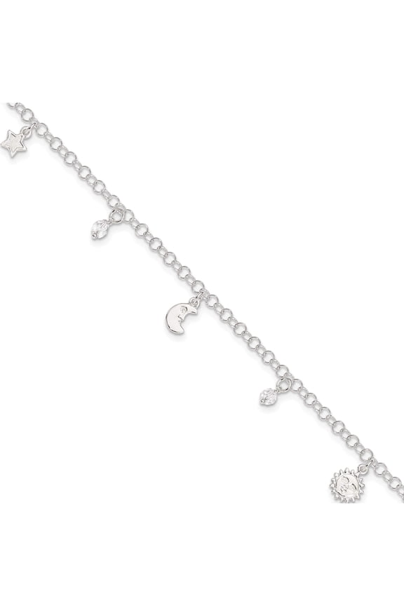 Sterling Silver Sun/Moon/Star/Crystal 9 inch Plus 1 inch Extender - Total 10 inch Anklet