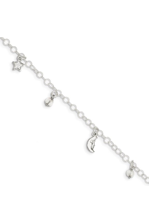 Sterling Silver Polished Sun Moon and Stars 9" Plus 1in Ext. Anklet