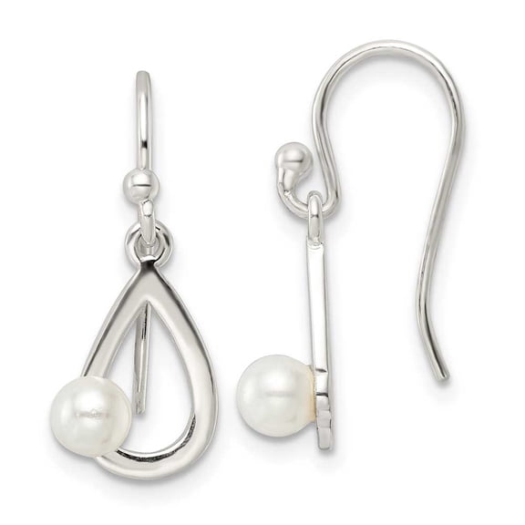 Finest Gold Sterling Silver Polished Teardrop with Imitation Pearl Shepherd Hook Earrings