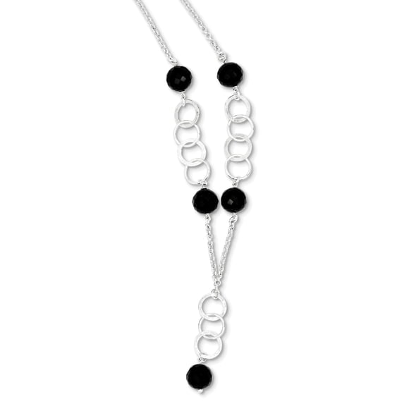 Sterling Silver Polished & Textured Black Bead Drop Necklace QG2867