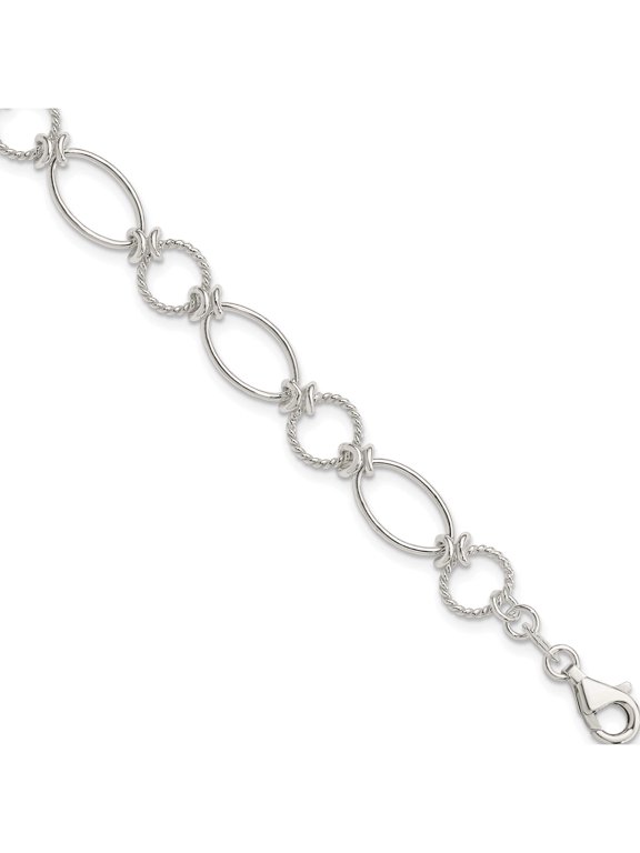 Sterling Silver Polished Textured Fancy Circle and Oval Link Bracelet