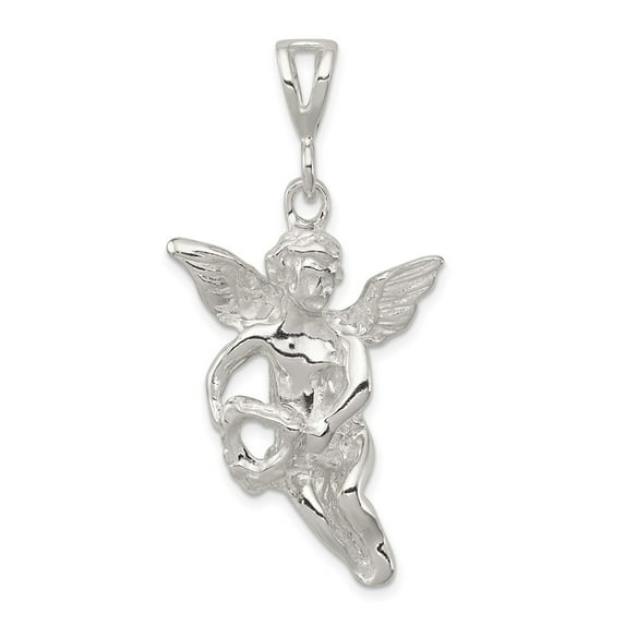 Sterling Silver Polished & Textured Flying Angel w/Heart Pendant QC8408