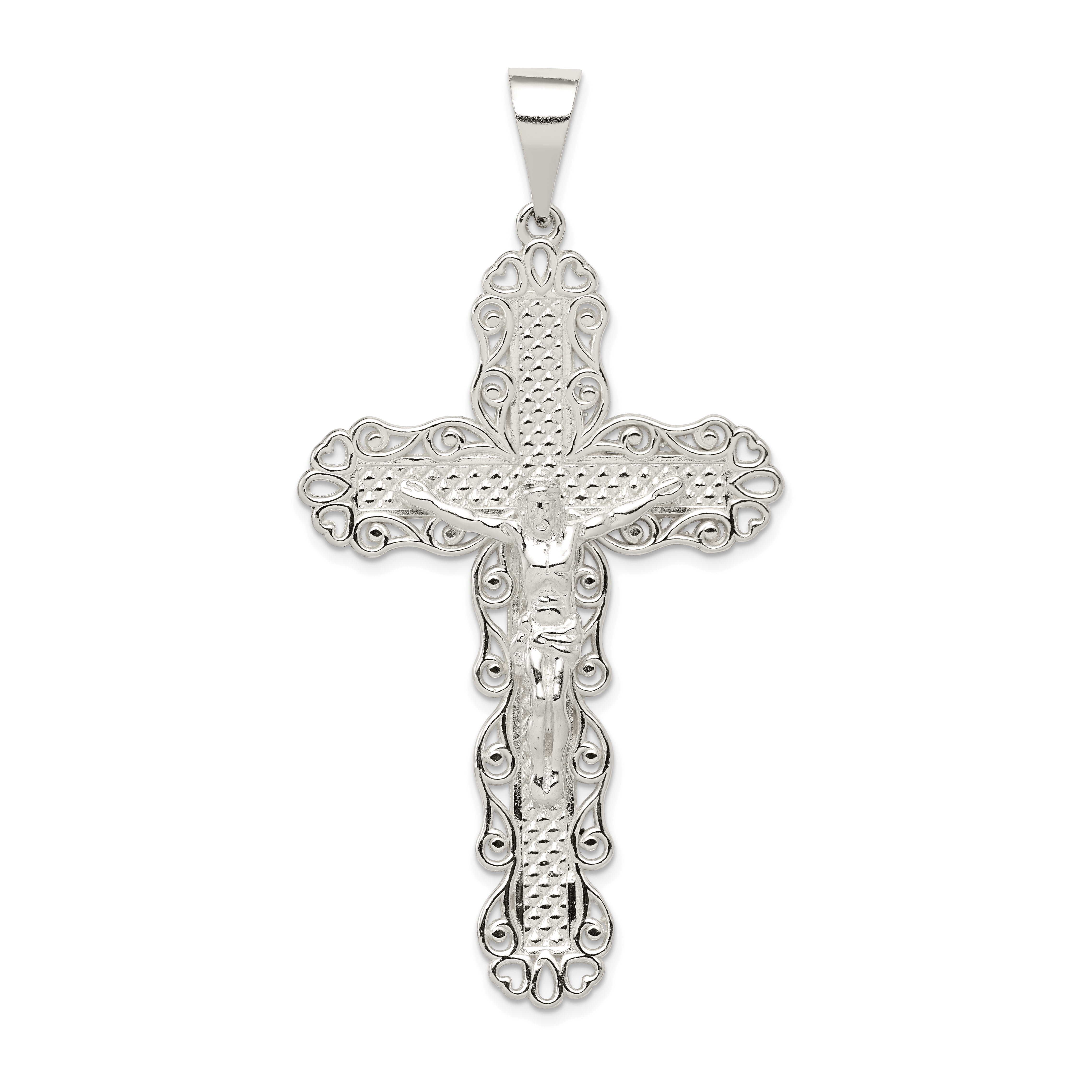 Sterling Silver Polished & Textured Large Floral Cross w/Jesus Pendant ...