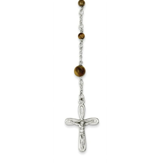 Sterling Silver Polished Tiger Eye Bead Rosary 33 inch Necklace QH4991