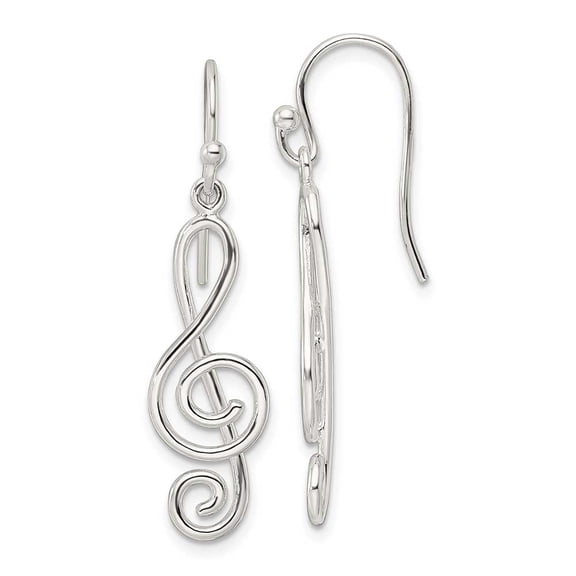Finest Gold Sterling Silver Polished Treble Clef Dangle Shepherd Hook Earrings