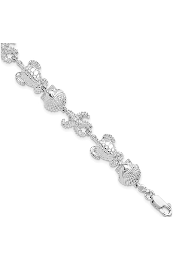 De-Ani Sterling Silver Rhodium-Plated Polished Turtle / Shell / Starfish Bracelet