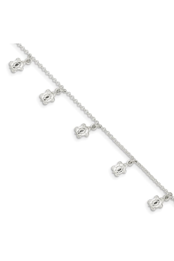 Sterling Silver Polished Turtle With 1inch Ext. Anklet - 4.5 Grams - 9 Inch - Measures 6mm Wide