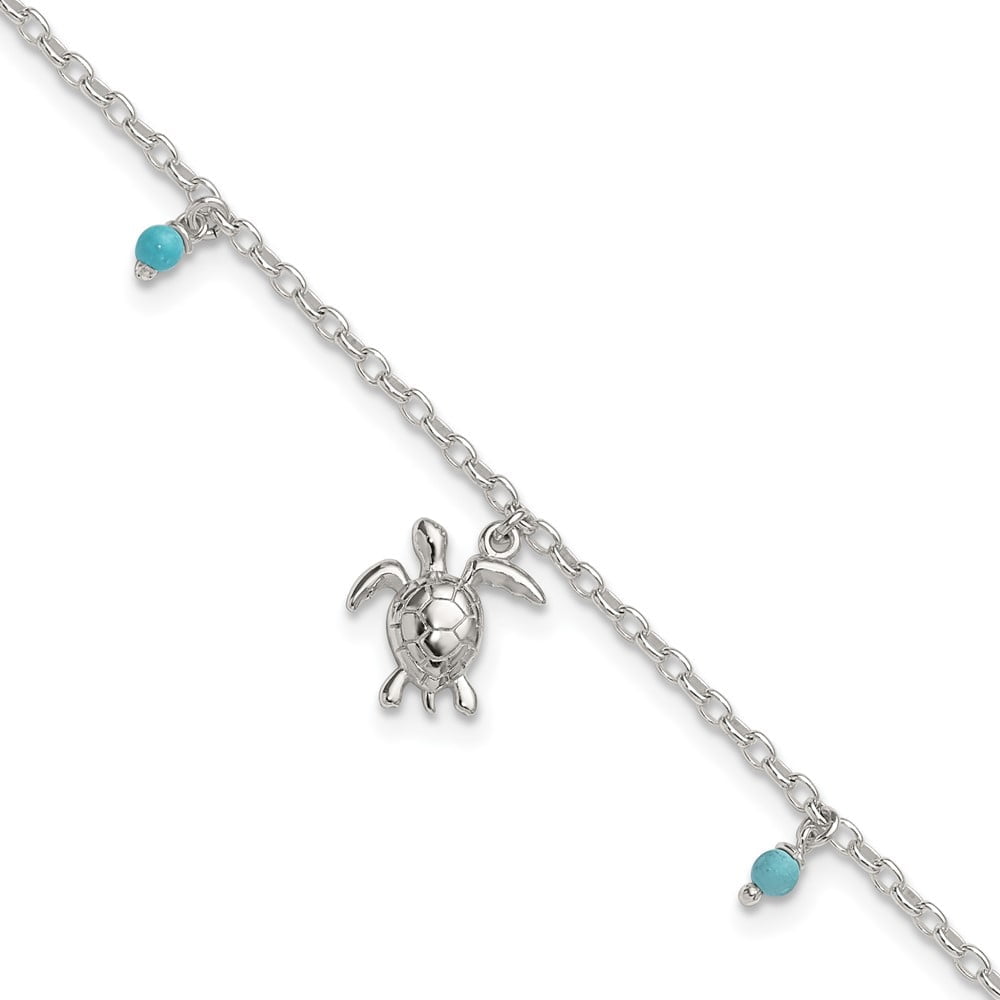 Sterling Silver Polished Turtle with Turquoise Beads 9 inch with 1 inch Extension Anklet
