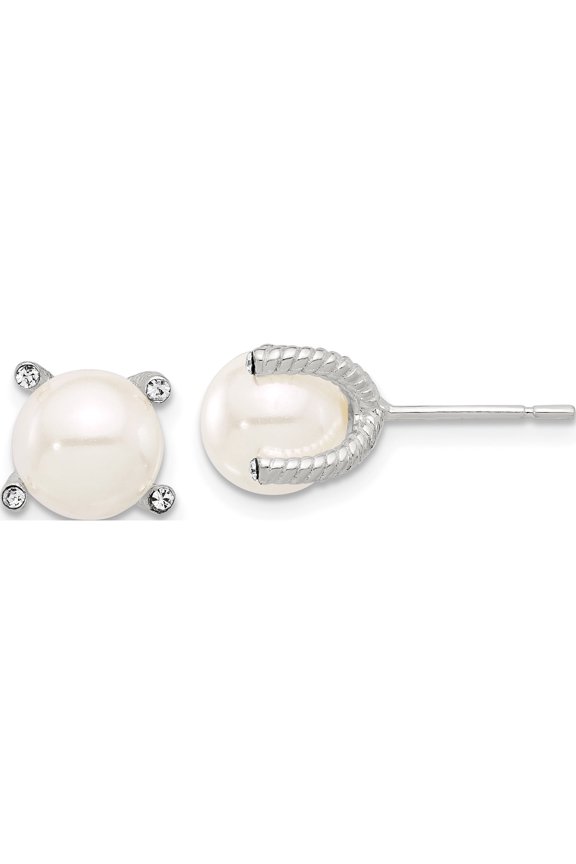 Sterling Silver Polished/Twisted Cz And Synthetic Pearl Post Earrings (Width 8.85) (Length 8.4) - Jbsp