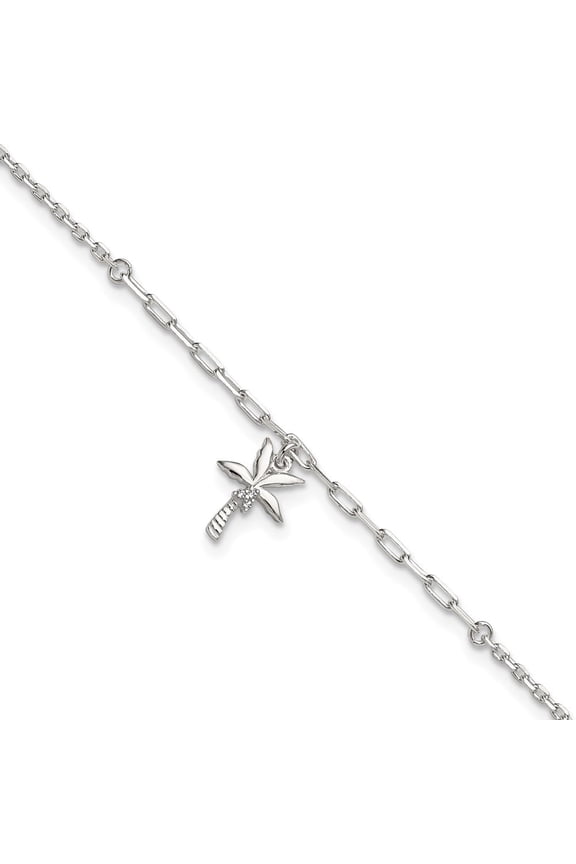 Sterling Silver Polished White CZ Palm Tree Dangle 9 inch with 1 inch Extension Anklet