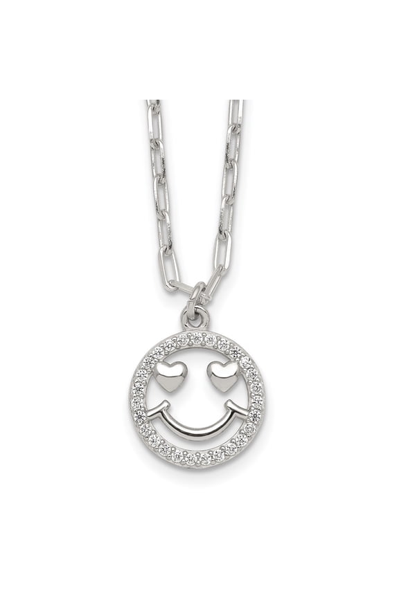 Sterling Silver Polished White CZ Smiley Face with Heart Eyes 16 inch Necklace