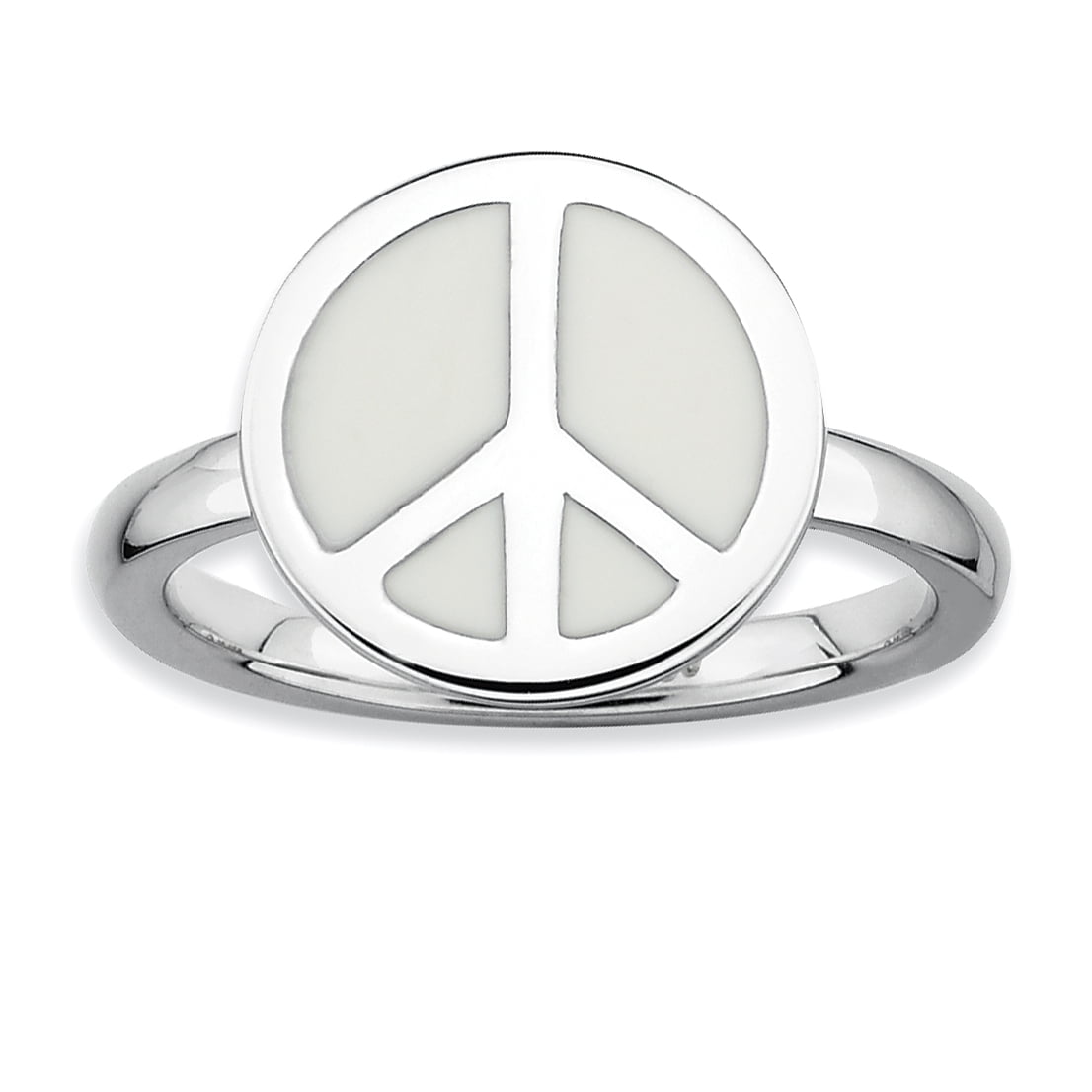 Sterling Silver Polished White Enameled Peace Sign Ring