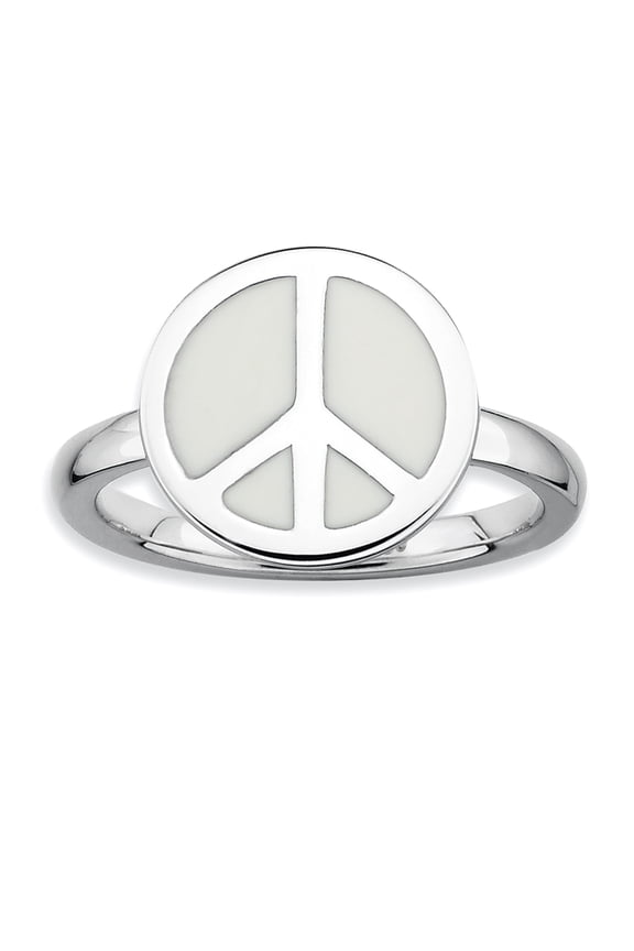 Sterling Silver Polished White Enameled Peace Sign Ring