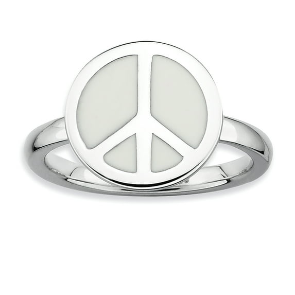 Sterling Silver Polished White Enameled Peace Sign Ring