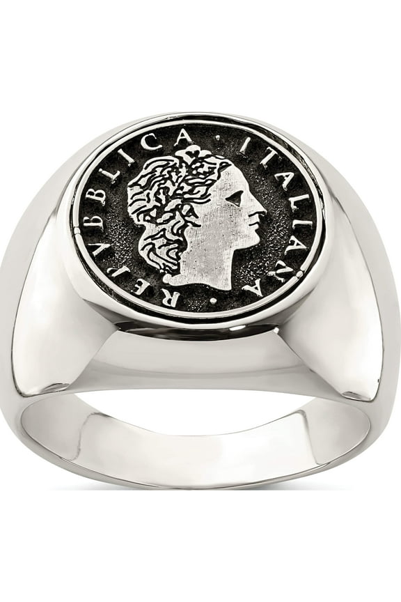 Sterling Silver Polished With Antiqued Replica 50 Lire Italian Coin Ring (Size 9) Made In Italy qr6832-9