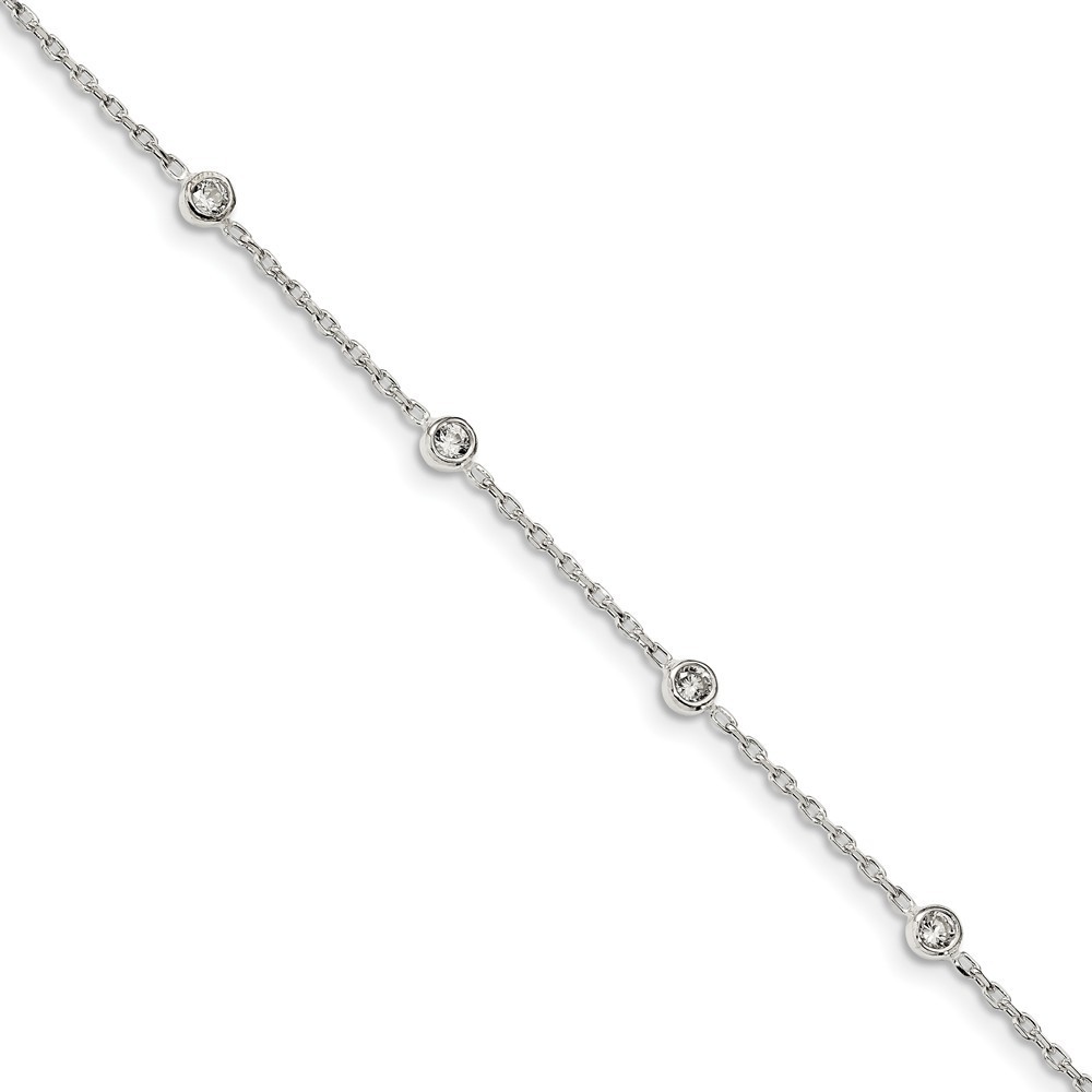 Sterling Silver Polished With Cubic Zirconia W/1 Inch Ext. Anklet - 9 Inch - Measures 1mm Wide