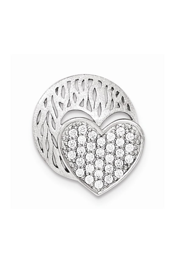 Sterling Silver Polished and Brushed Disc With Cubic Zirconia Heart Slide - Measures 23.6x22.1mm Wide