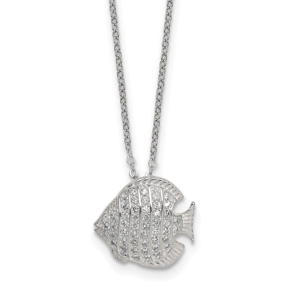 Sterling Silver Polished and Grooved CZ Fish 16 Inch with 2 Inch Extension Necklace
