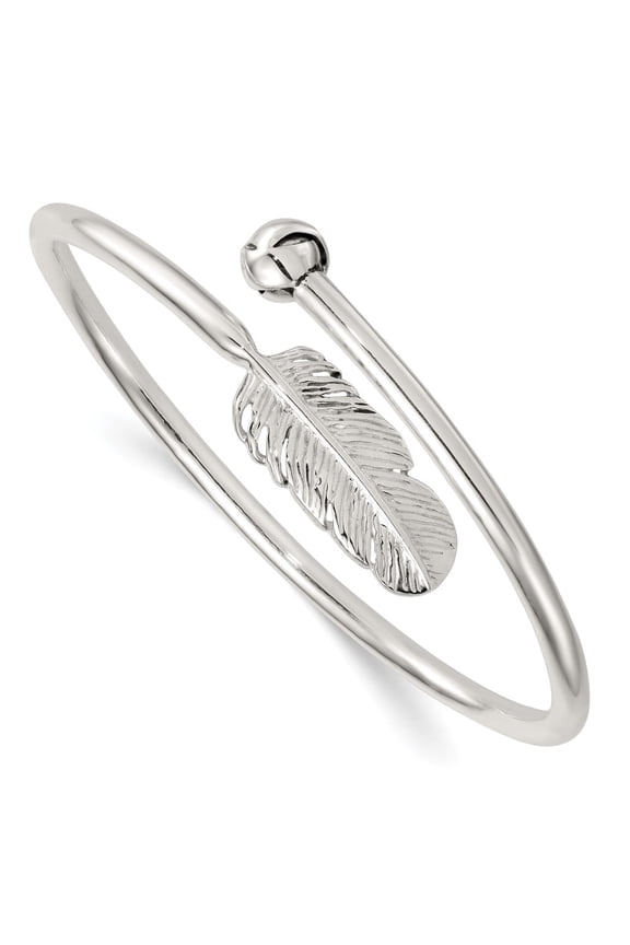 Sterling Silver Polished and Grooved Feather Bypass Cuff Bangle