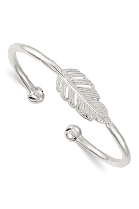 Sterling Silver Polished and Grooved Feather Cuff Bangle