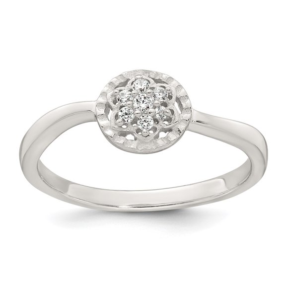 Sterling Silver Polished and Grooved White CZ Flower with Wavy Shank Size 8 Ring